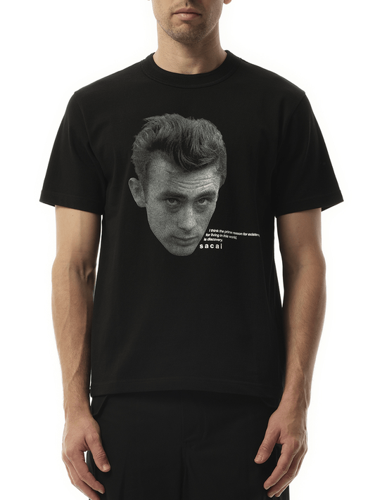 Image of a model wearing Tops. Productname: SACAI James Dean T-Shirt in BLACK colour by brand - SACAI
