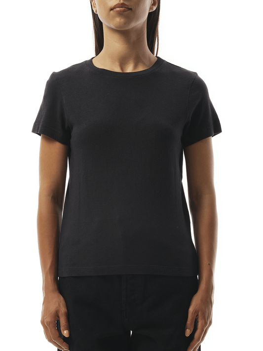 Image of a model wearing Tops. Productname: KHAITE Samson T-Shirt in BLACK colour by brand - KHAITE