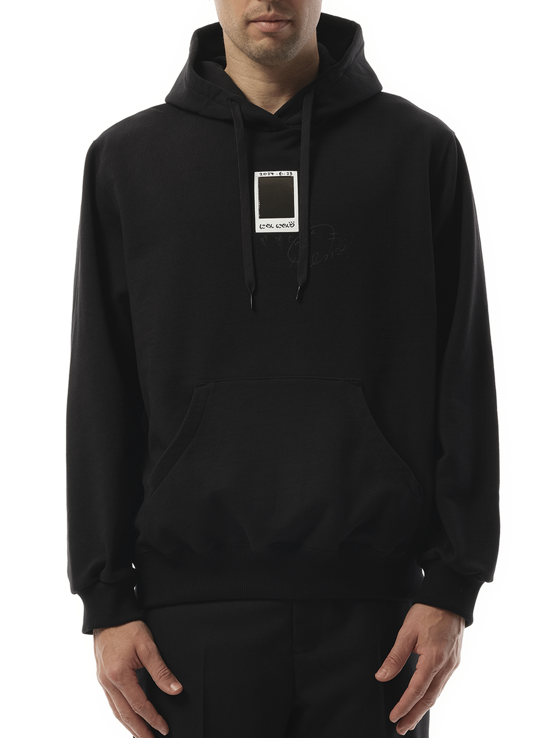Image of a model wearing Outerwear. Productname: DOUBLET “Cheki” Rainbow-Film Hoodie in BLACK colour by brand - DOUBLET