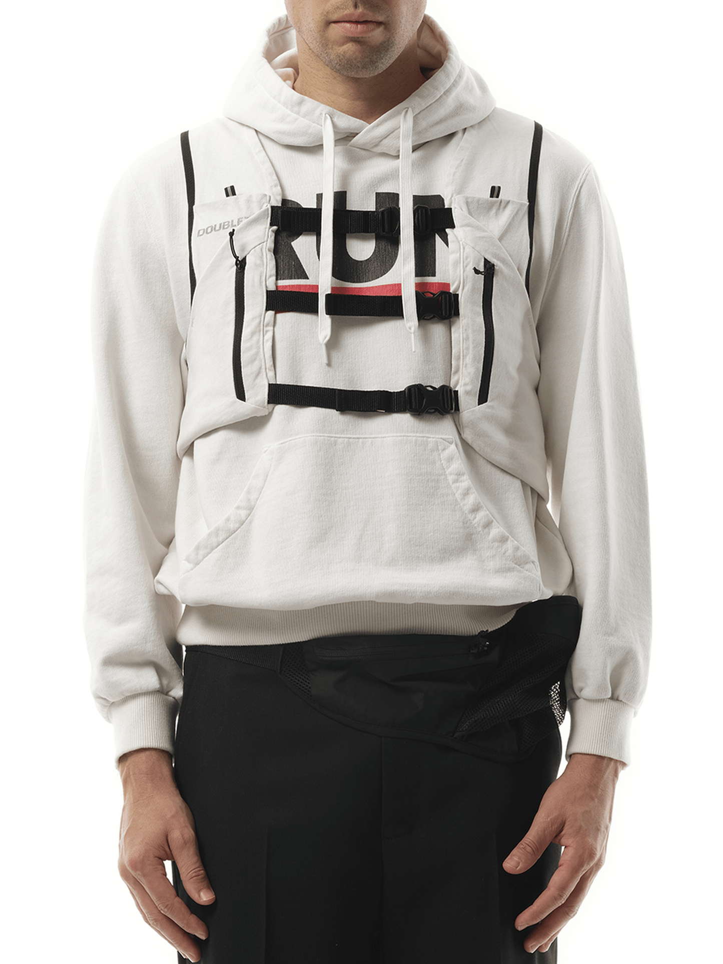 Image of a model wearing Outerwear. Productname: DOUBLET Trail Vest Hoodie in WHITE colour by brand - DOUBLET