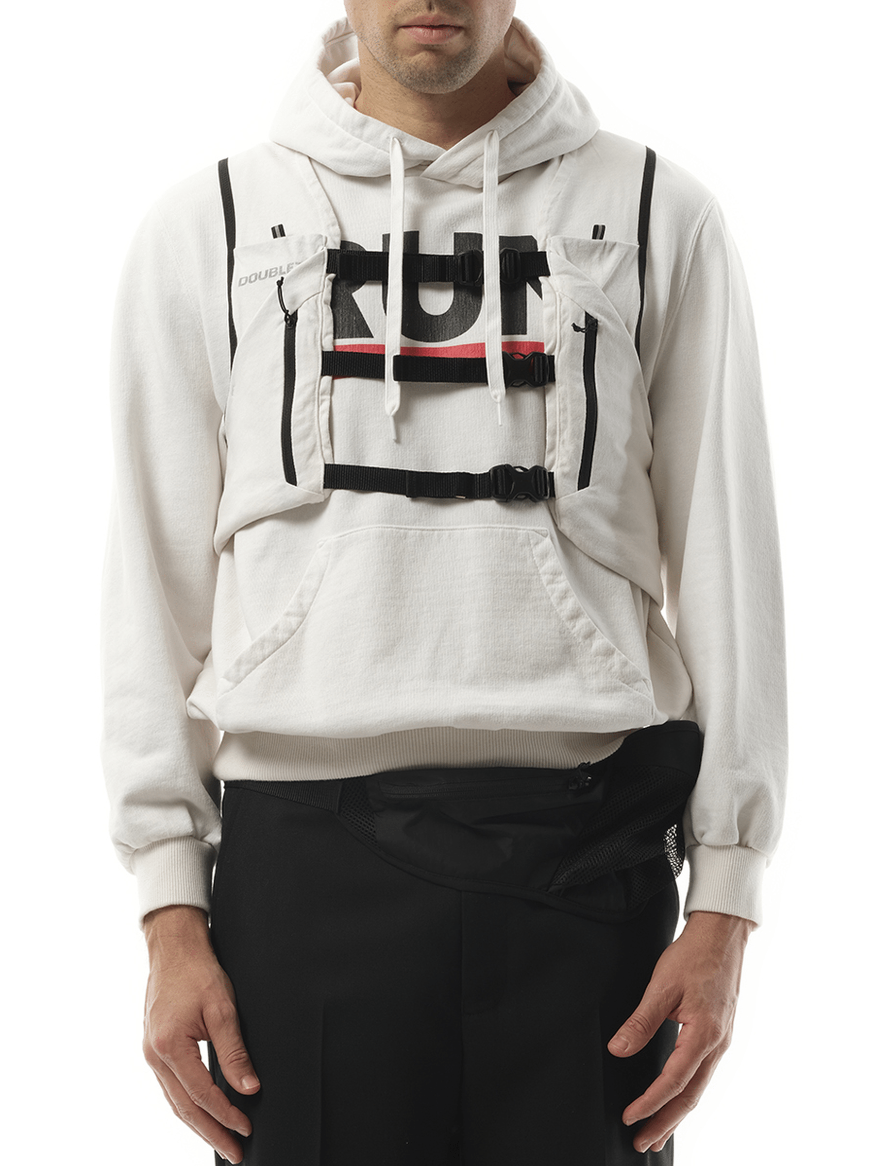 Image of a model wearing Outerwear. Productname: DOUBLET Trail Vest Hoodie in WHITE colour by brand - DOUBLET