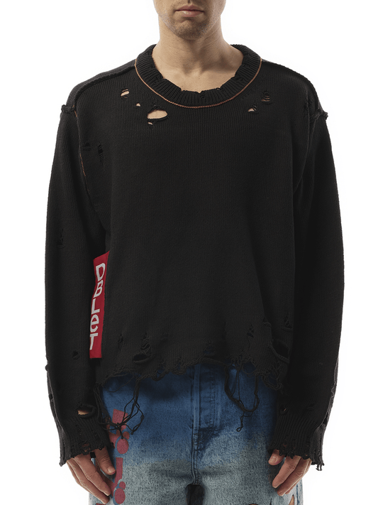 Image of a model wearing Outerwear. Productname: DOUBLET Recycle Denim Yarn Sweater in BLACK colour by brand - DOUBLET