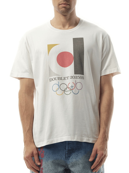 Image of a model wearing Tops. Productname: DOUBLET Doublet 2025SS Logo T-Shirt in WHITE colour by brand - DOUBLET