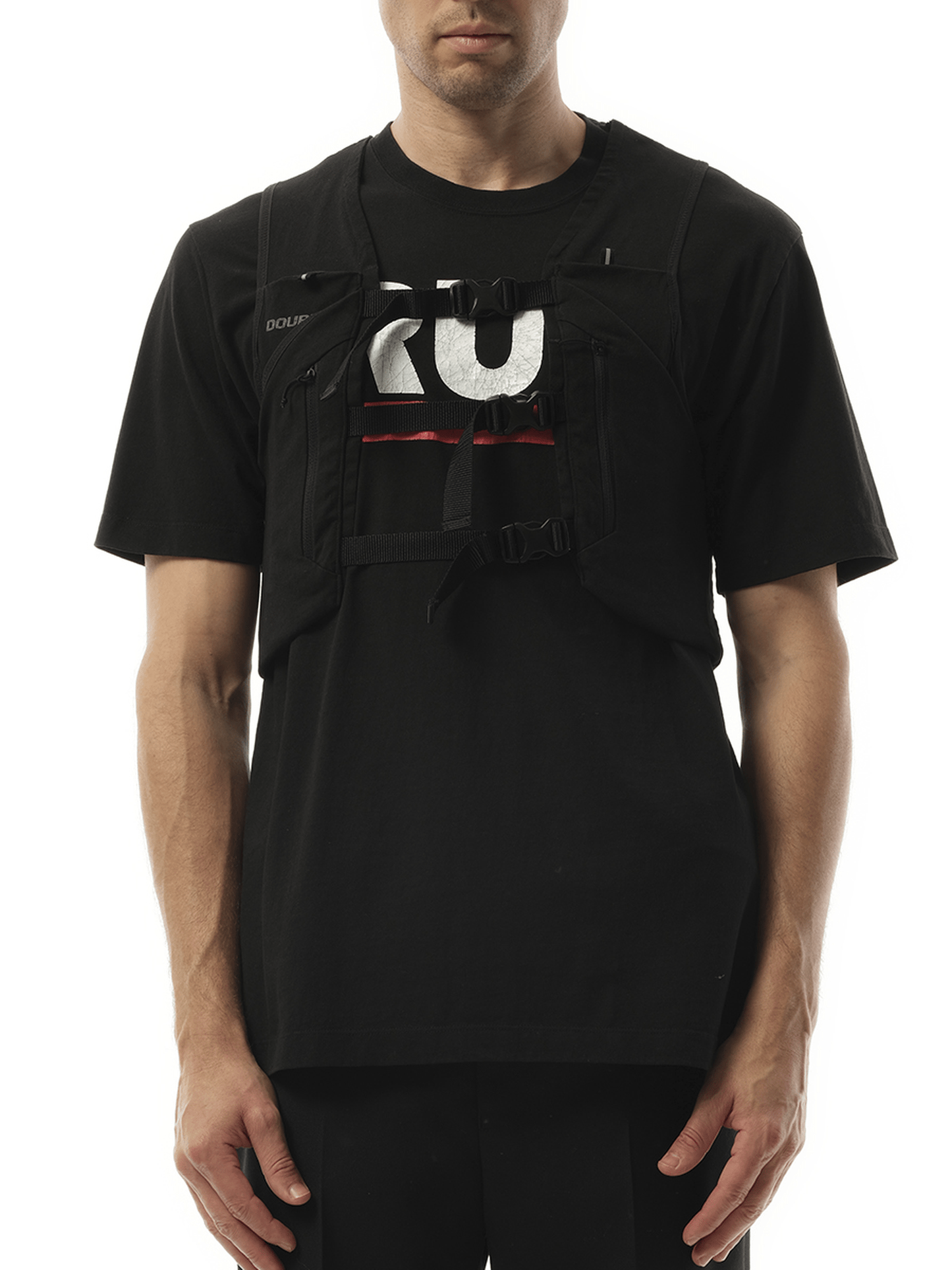 Image of a model wearing Tops. Productname: DOUBLET Trail Vest T-Shirt in BLACK colour by brand - DOUBLET
