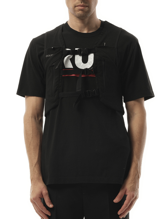 Image of a model wearing Tops. Productname: DOUBLET Trail Vest T-Shirt in BLACK colour by brand - DOUBLET