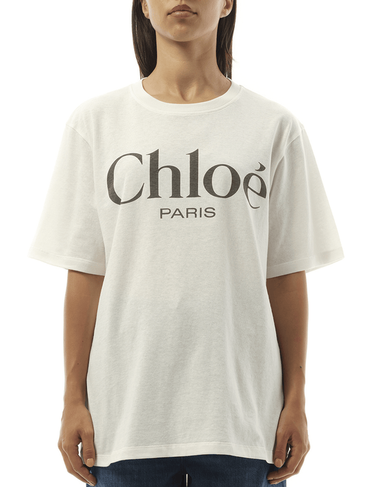 Image of a model wearing Tops. Productname: CHLOE Chloe Logo T-Shirt in WHITE colour by brand - CHLOE