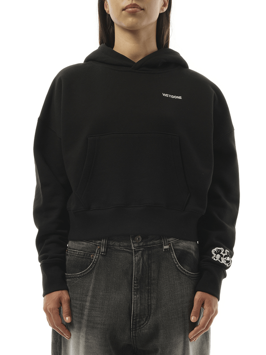 Image of a model wearing Outerwear. Productname: WE11DONE Oversized Teddy Bear Hoodie in BLACK colour by brand - WE11DONE