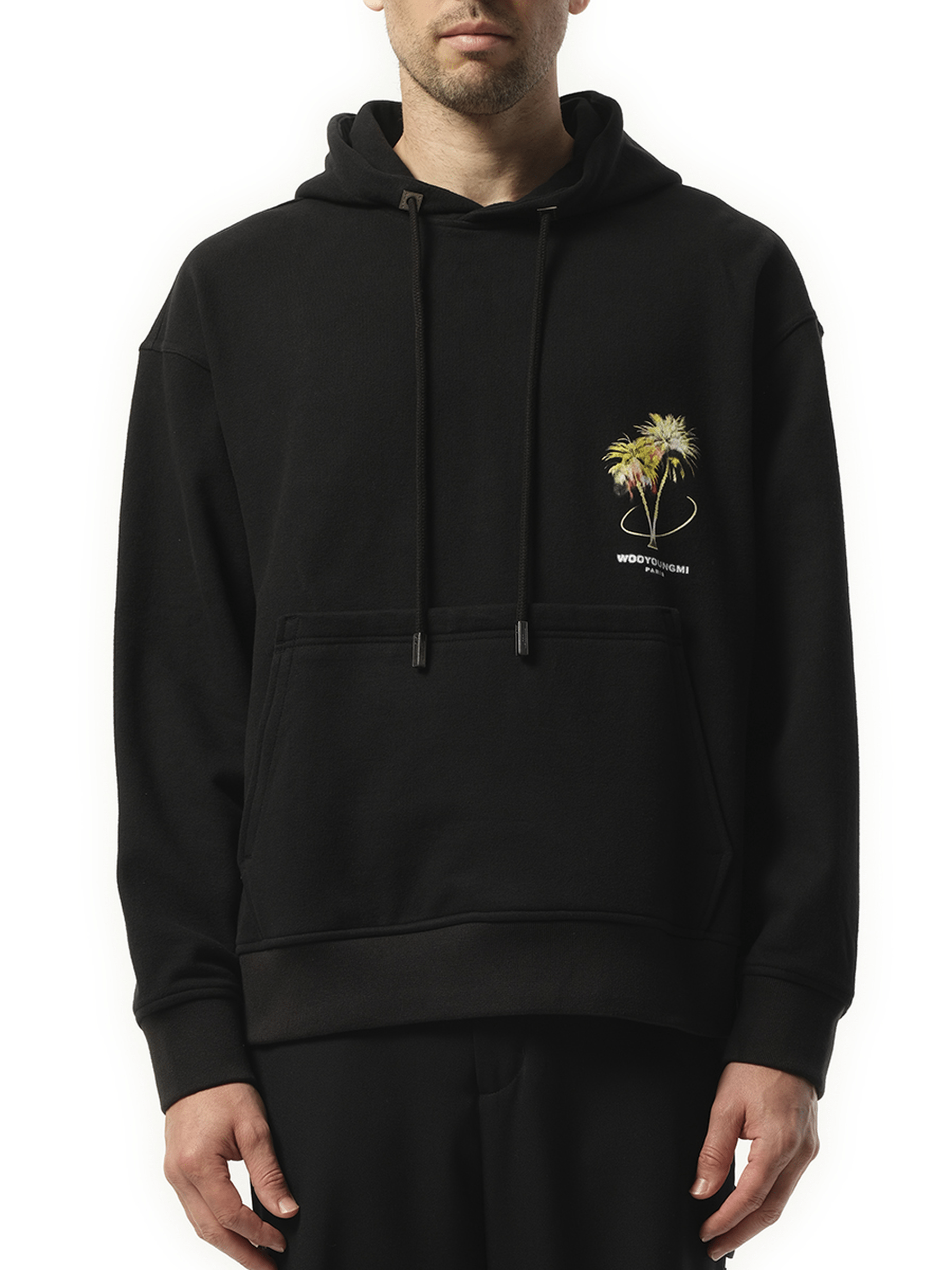 Image of a model wearing Outerwear. Productname: WOOYOUNGMI Mind Expansion Hoodie in BLACK colour by brand - WOOYOUNGMI