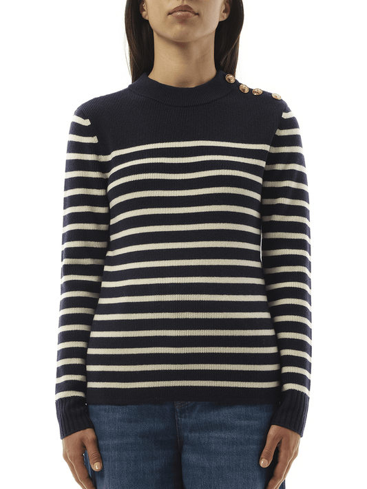 Image of a model wearing Outerwear. Productname: CHLOE Chloe Mariniere Sweater in Blue White colour by brand - CHLOE