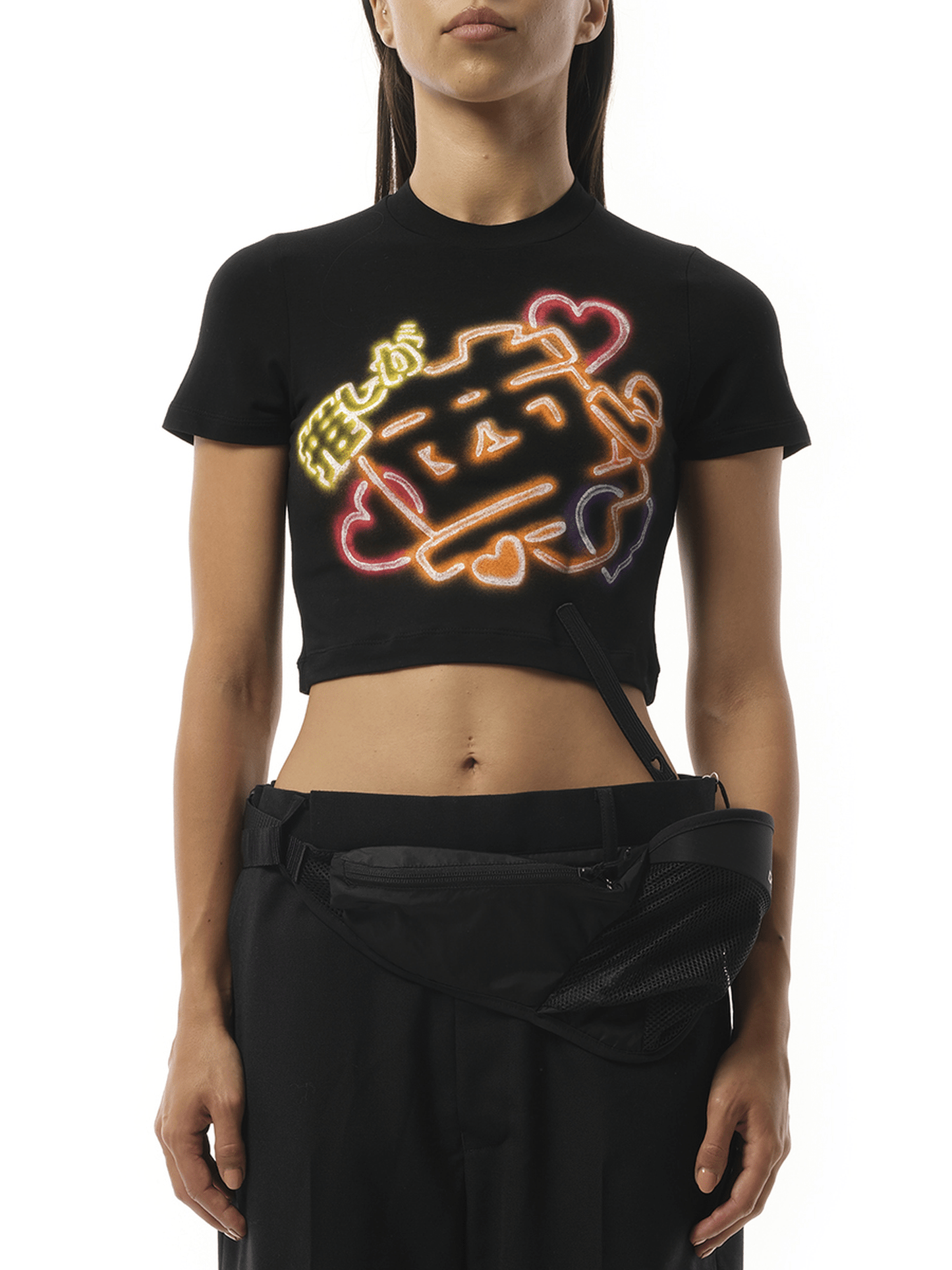 Image of a model wearing Tops. Productname: DOUBLET Japanese Fan-Service Neon Paint T-Shirt in Black colour by brand - DOUBLET