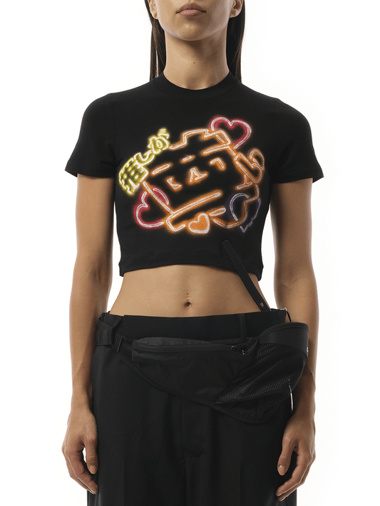 Image of a model wearing Tops. Productname: DOUBLET Japanese Fan-Service Neon Paint T-Shirt in Black colour by brand - DOUBLET