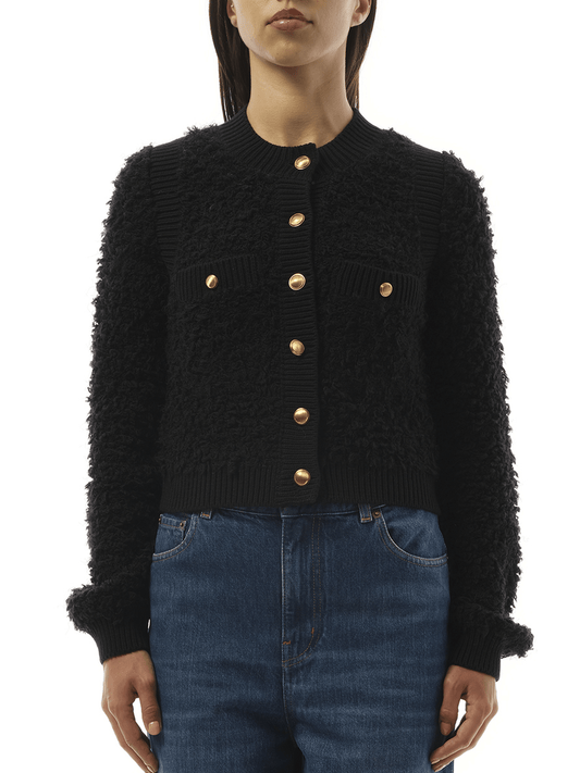 Image of a model wearing Outerwear. Productname: CHLOE Tweed Knit Cardigan in Black colour by brand - CHLOE