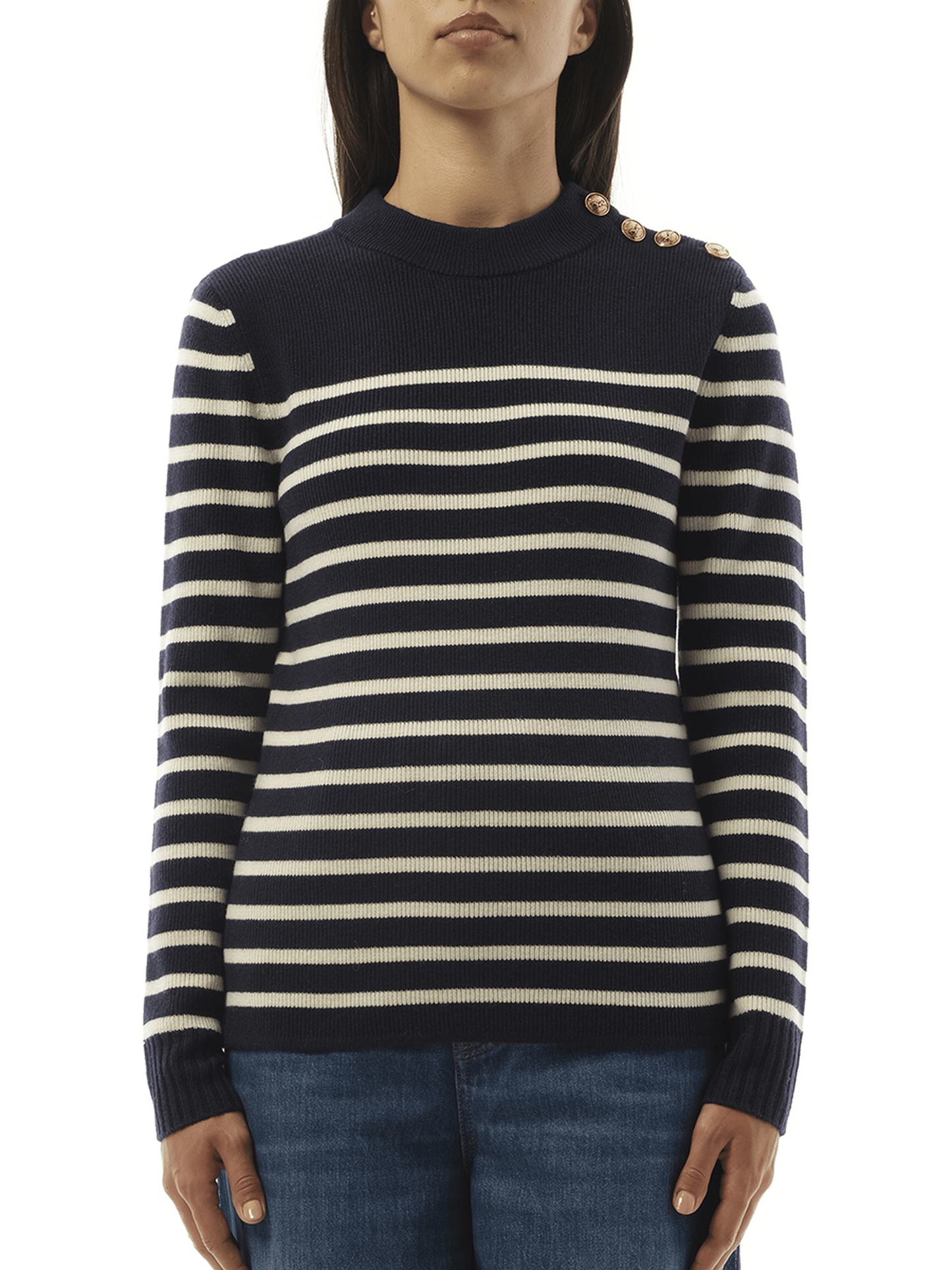 Image of a model wearing Outerwear. Productname: CHLOE Chloe Mariniere Sweater in Blue colour by brand - CHLOE