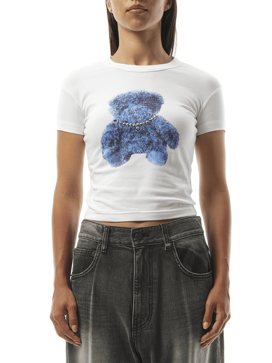 Image of a model wearing Tops. Productname: WE11DONE Womens Studded Bear Cropped T-Shirt in WHITE colour by brand - WE11DONE