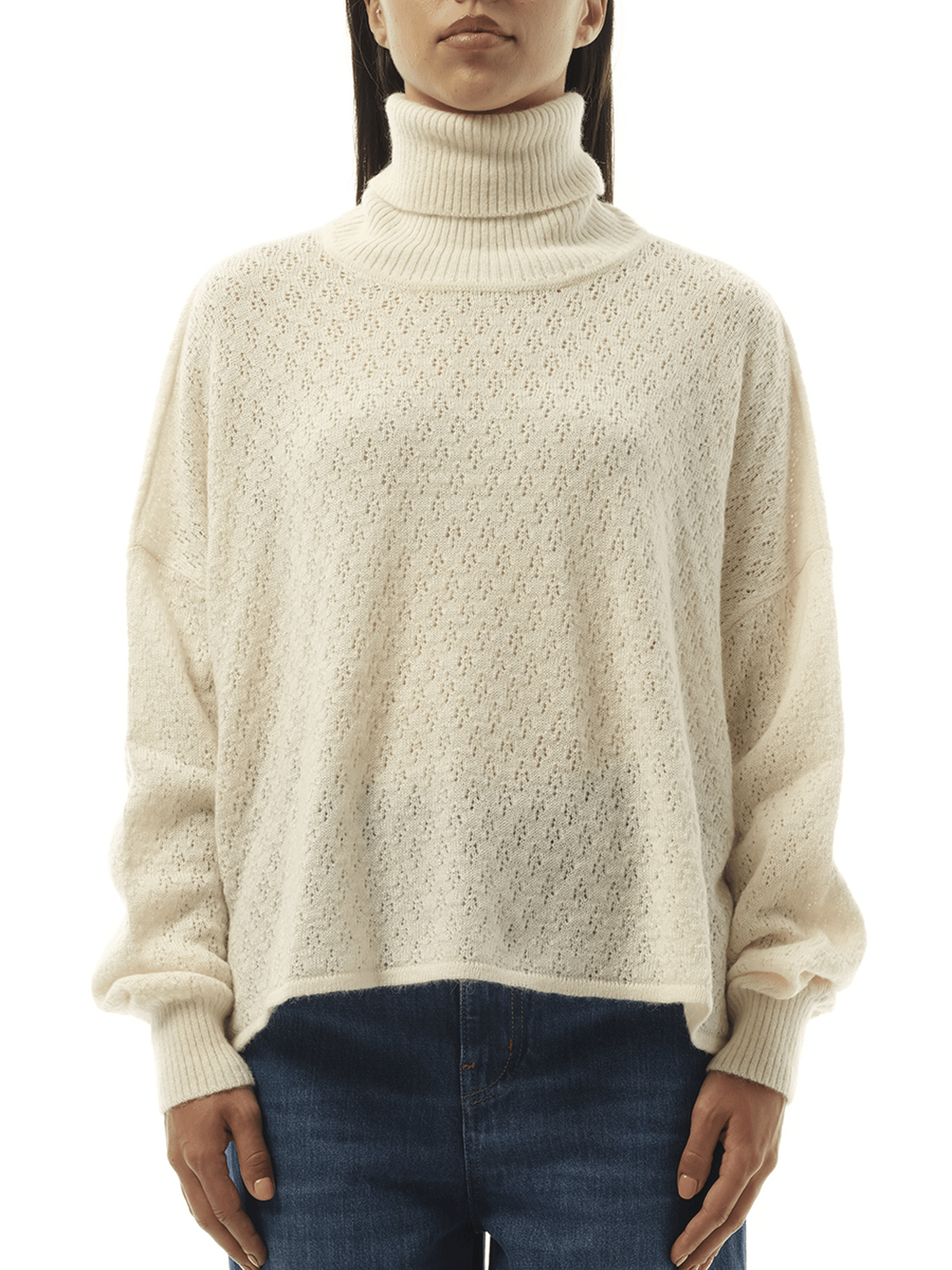 Image of a model wearing Outerwear. Productname: CHLOE Fluffy Pointelle Sweater in Iconic Milk colour by brand - CHLOE
