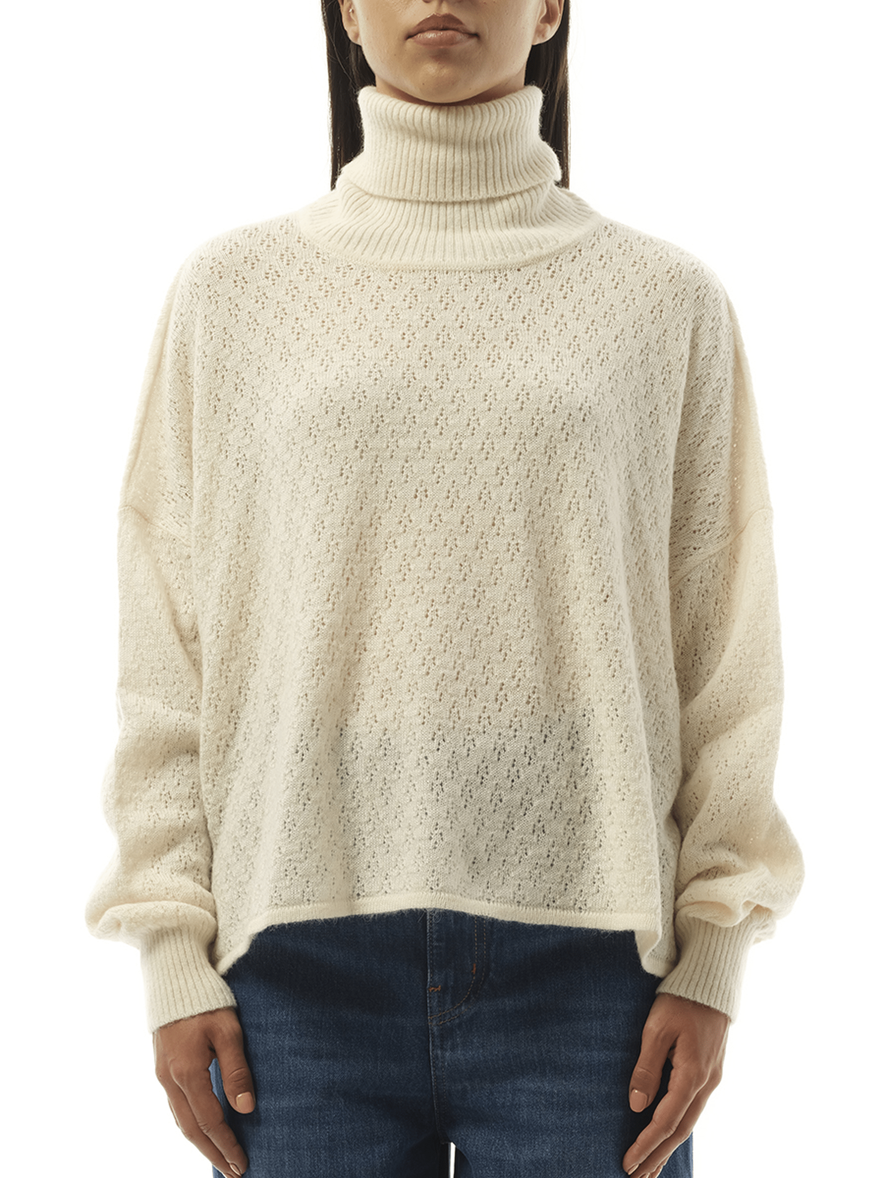 Image of a model wearing Outerwear. Productname: CHLOE Fluffy Pointelle Sweater in Iconic Milk colour by brand - CHLOE