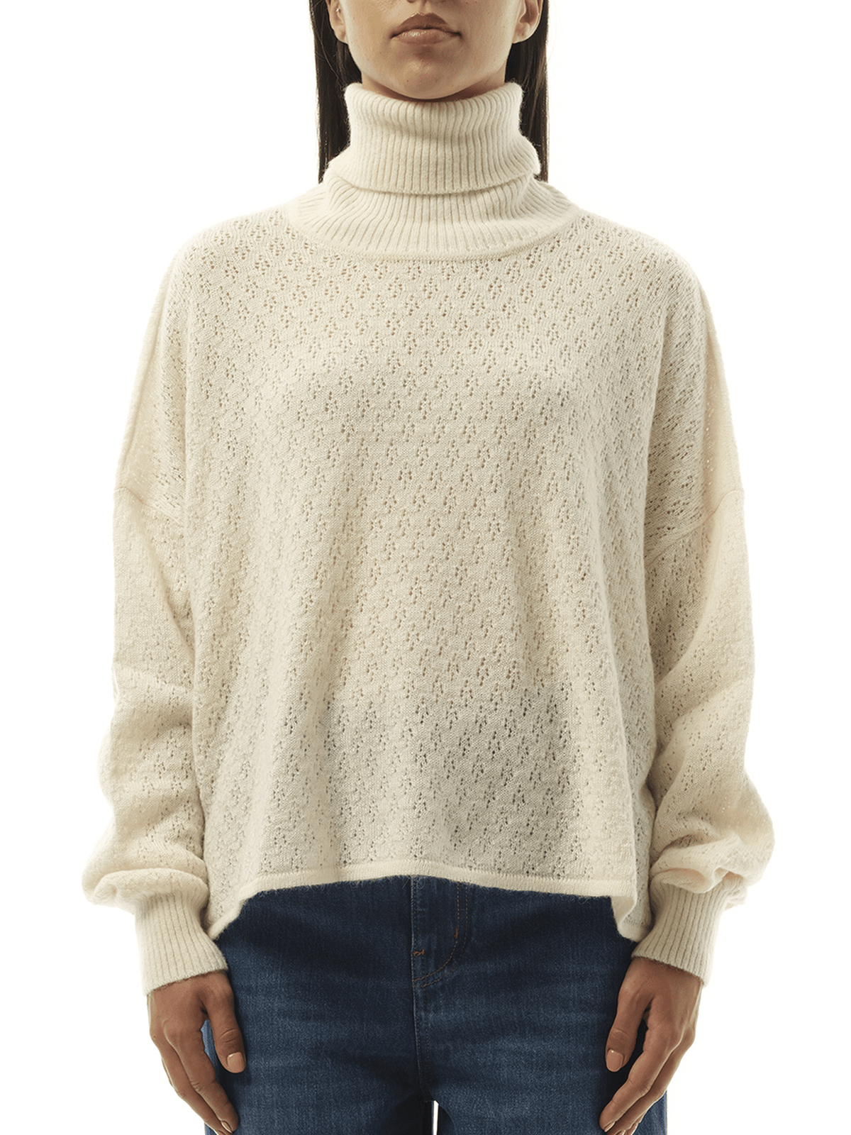 Image of a model wearing Tops. Product name - Fluffy Pointelle Sweater in White colour by brand - CHLOE