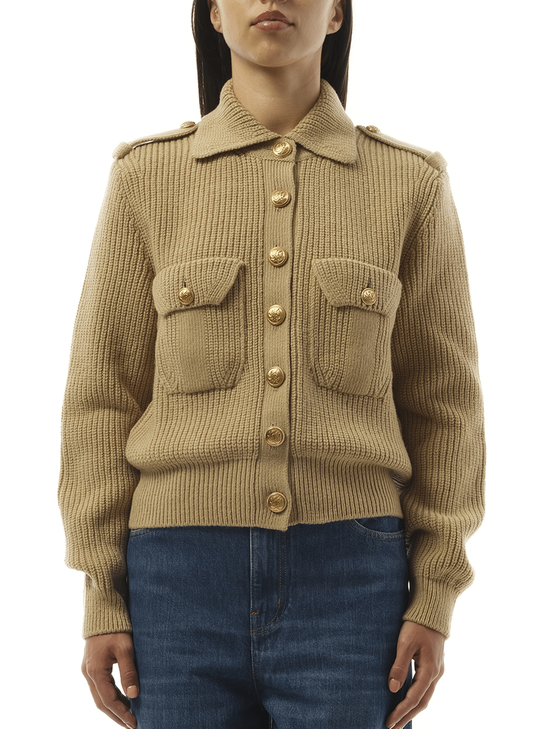 Image of a model wearing Outerwear. Productname: CHLOE Knit Cardigan in Smoky Beige colour by brand - CHLOE