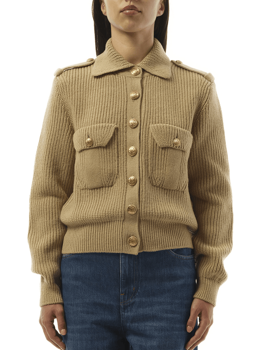 Image of a model wearing Outerwear. Productname: CHLOE Knit Cardigan in Smoky Beige colour by brand - CHLOE