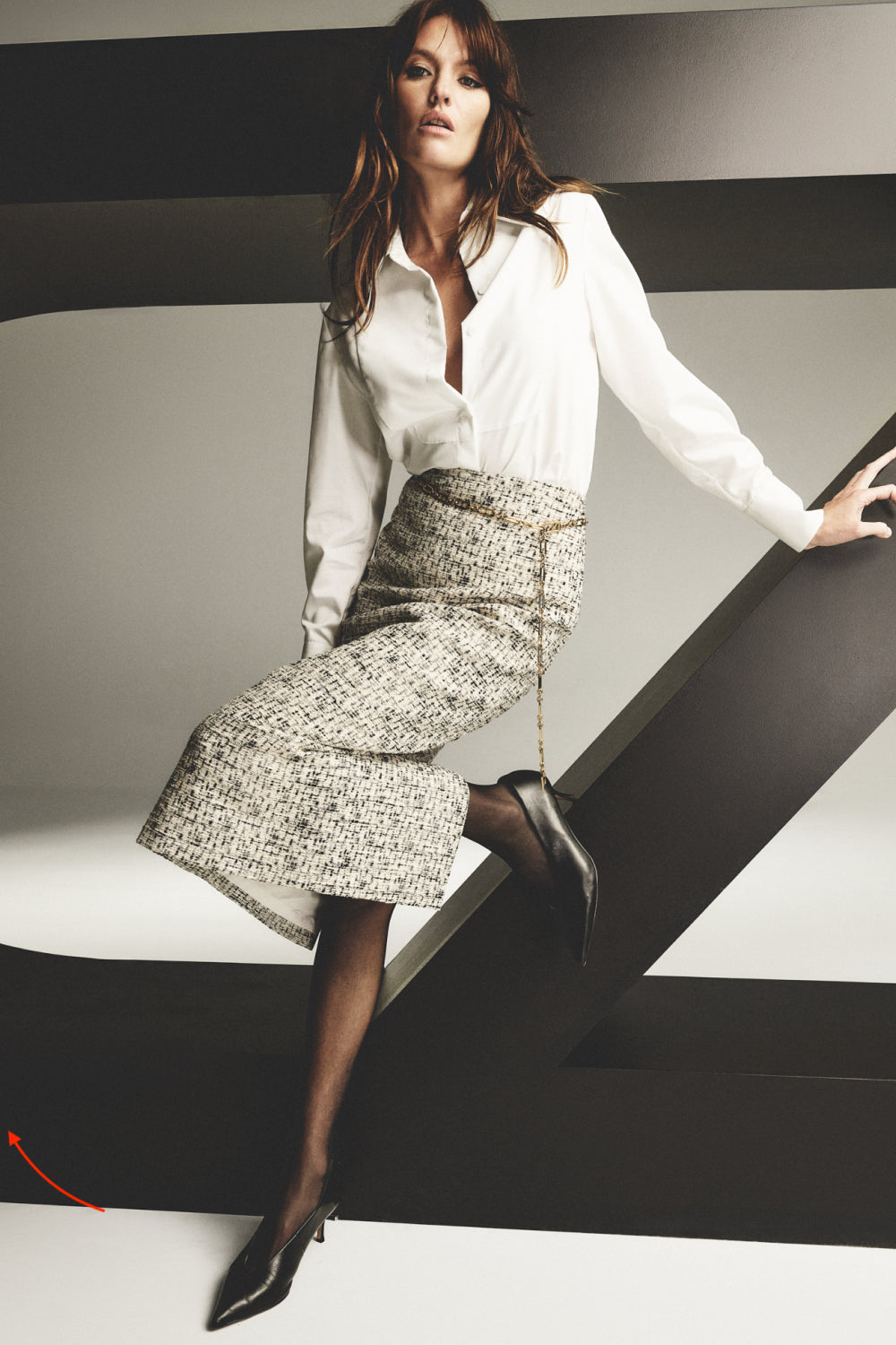 Carla Zampatti Shimmer Fleck Tweed Long Line Pencil Skirt (Grey)