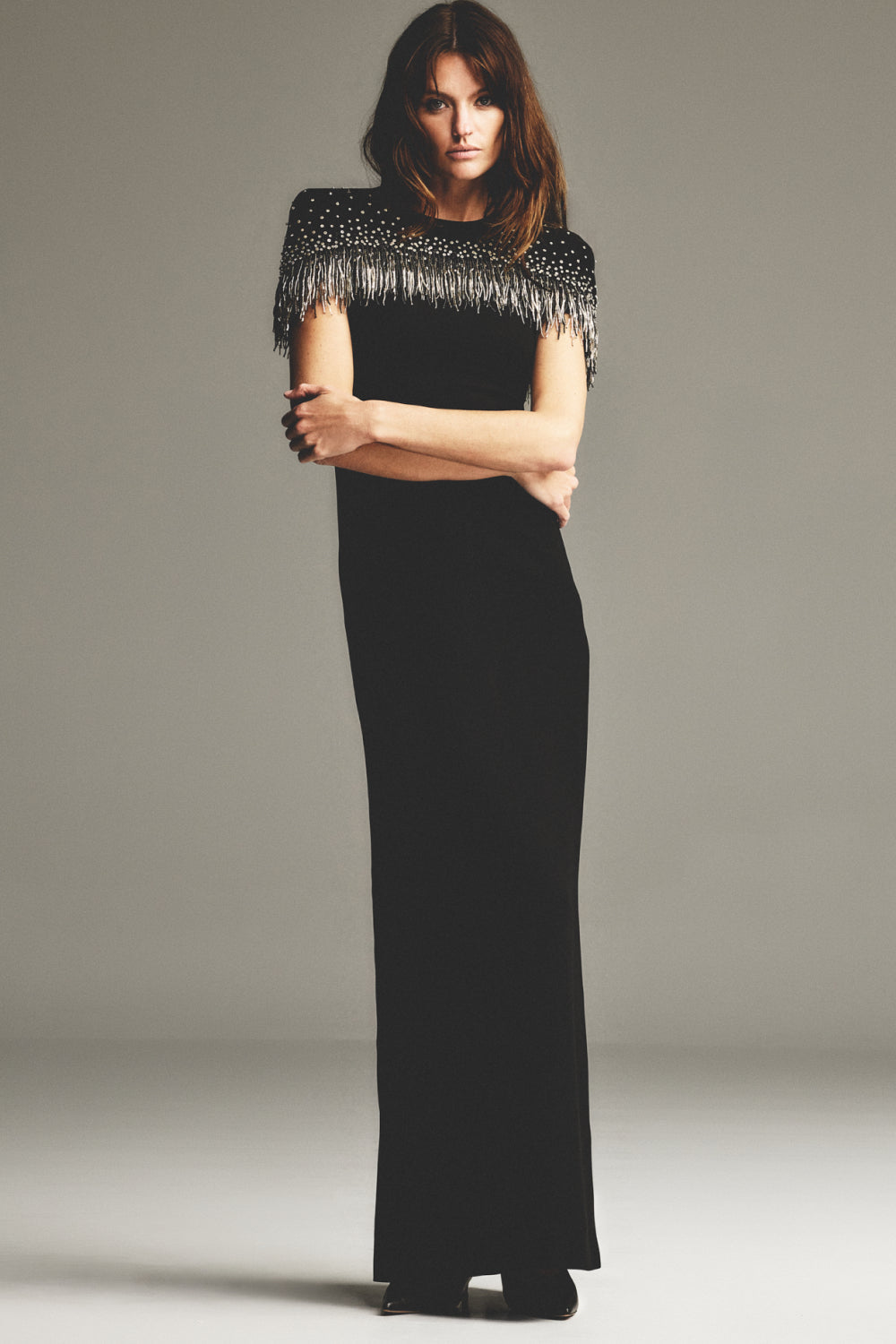 Carla Zampatti Crepe Fringe Cape Gown (Black)