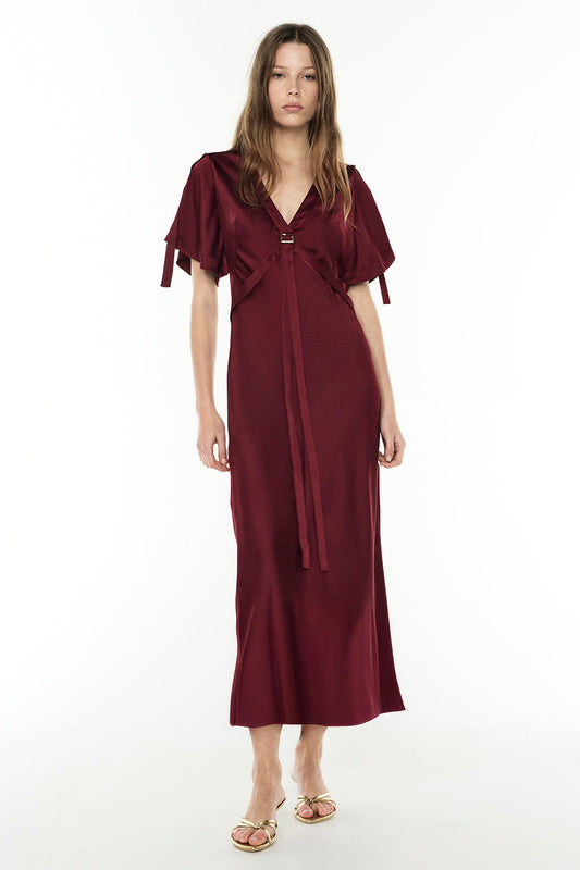 Image of Dresses. Productname: Romantic Rendezvous Midi Dress in Cabernet colour by brand - Manning Cartell