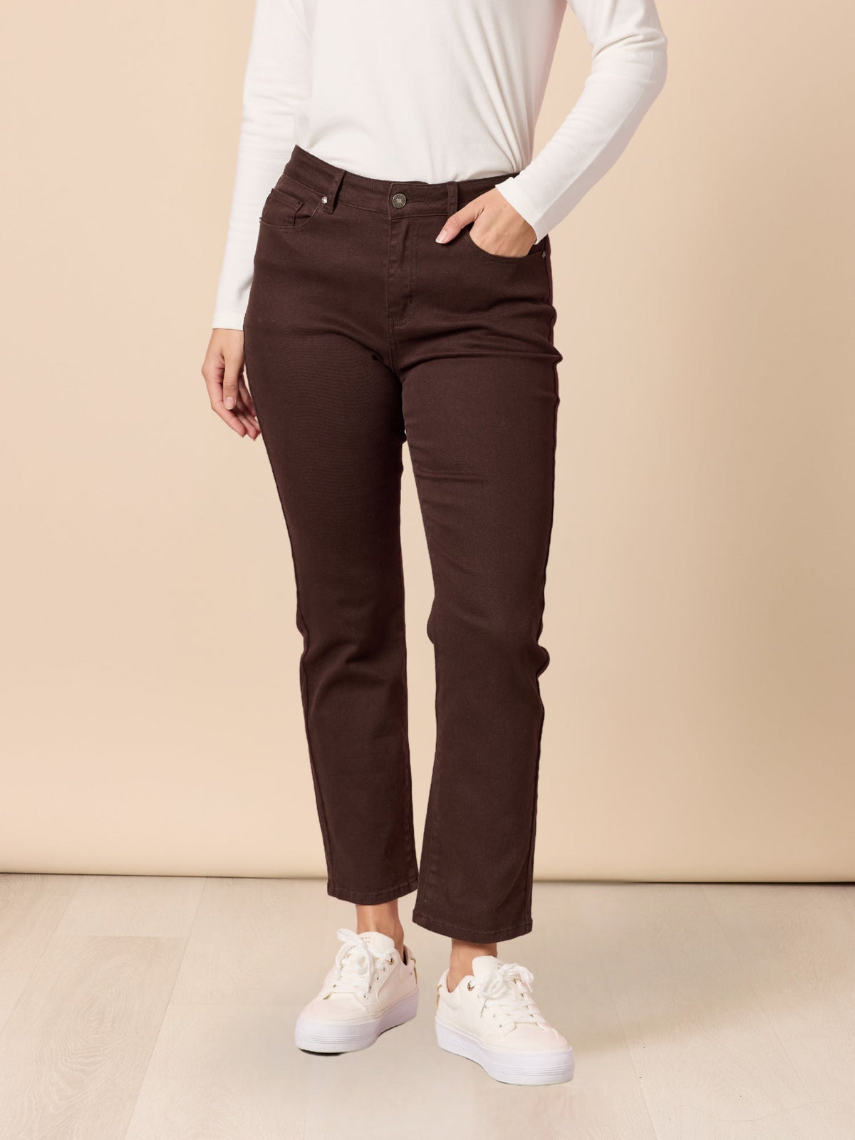 Image of Jeans. Product name - Miracle Slim Leg Jean Coffee in Coffee colour by brand - Gordon Smith