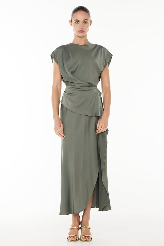 Image of Dresses. Productname: Fluid Notion Drape Dress in DARK SAGE colour by brand - Manning Cartell