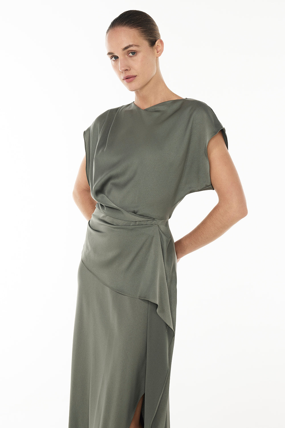 Fluid Notion Drape Dress (Dark Sage)