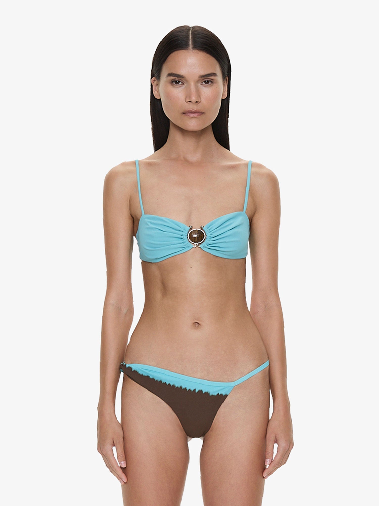 Image of Swimwear. Product name - Mineral Stone Ruched Bikini Top in Turquoise colour by brand - CHRISTOPHER ESBER