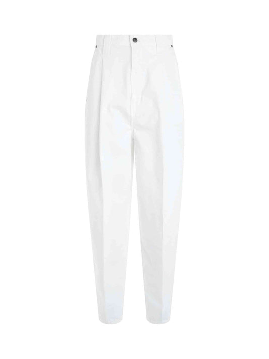 Image of a model wearing Denim. Productname: KHAITE Ashford Jeans in White colour by brand - KHAITE