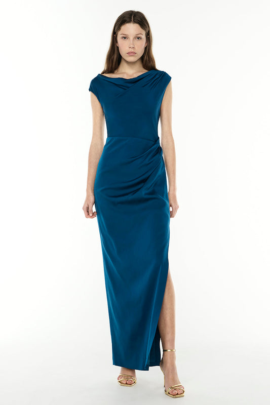 Image of Dresses. Productname: Twilight Reverie Drape Gown in Peacock colour by brand - Manning Cartell