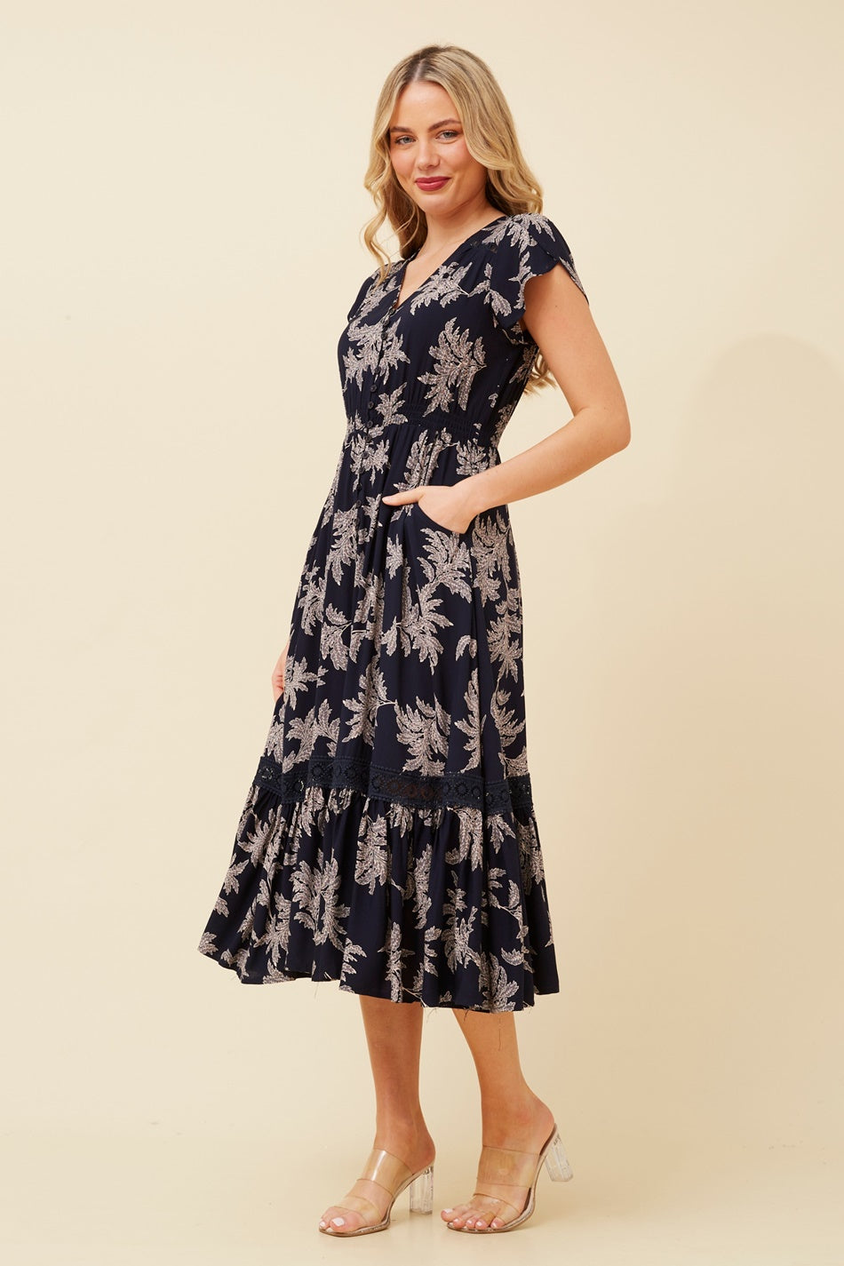 MOROCCO LEAF PRINT MIDI DRESS (Navy)