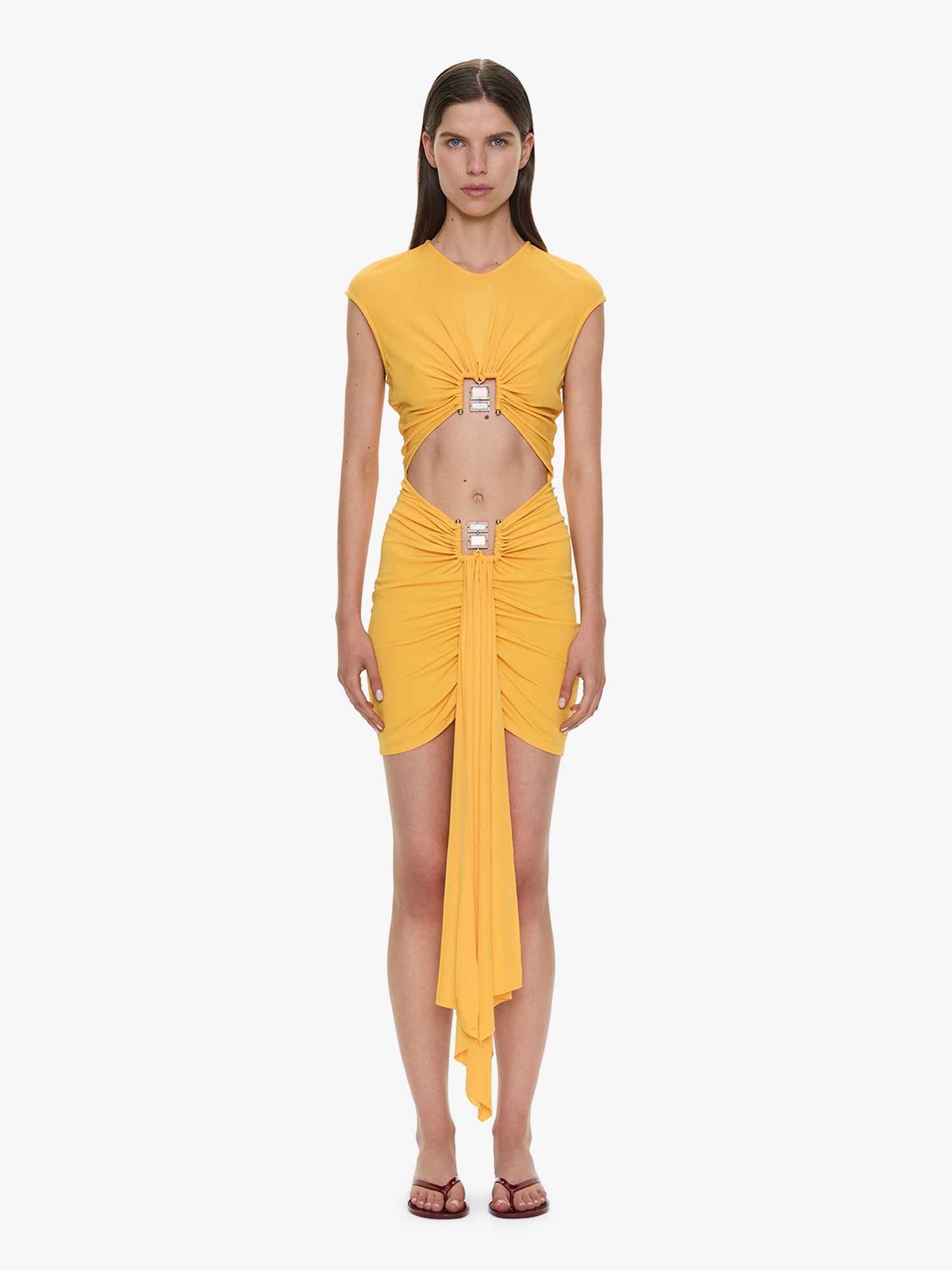 Image of Dresses. Product name - Bezel Quartz Disconnect Short Sleeve Mini Dress in Valencia colour by brand - CHRISTOPHER ESBER