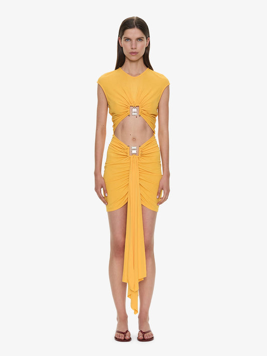 Image of Dresses. Product name - Bezel Quartz Disconnect Short Sleeve Mini Dress in Valencia colour by brand - CHRISTOPHER ESBER