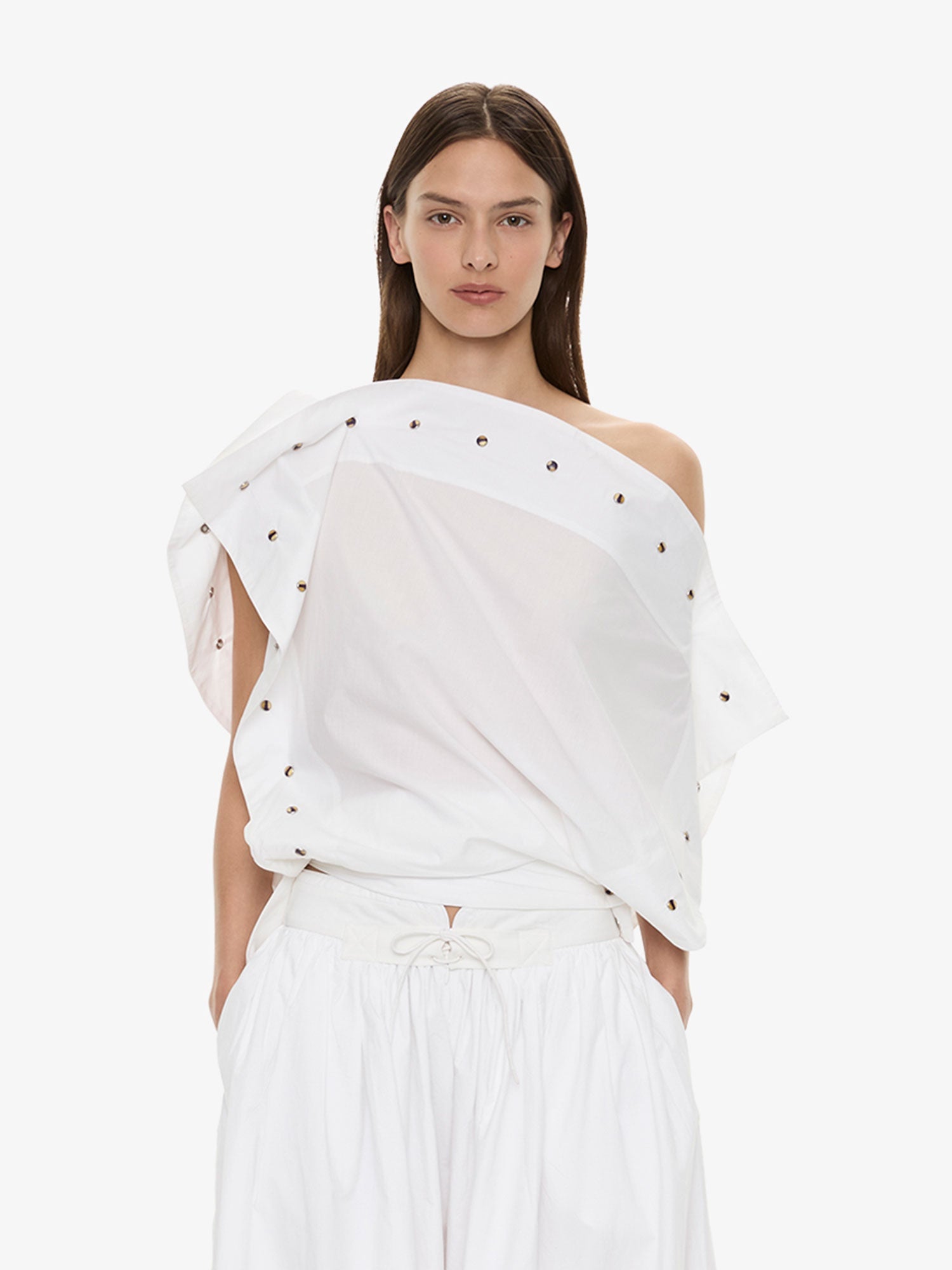Image of Shirts. Product name - Spiral Stone Snap Poplin Top in White colour by brand - CHRISTOPHER ESBER