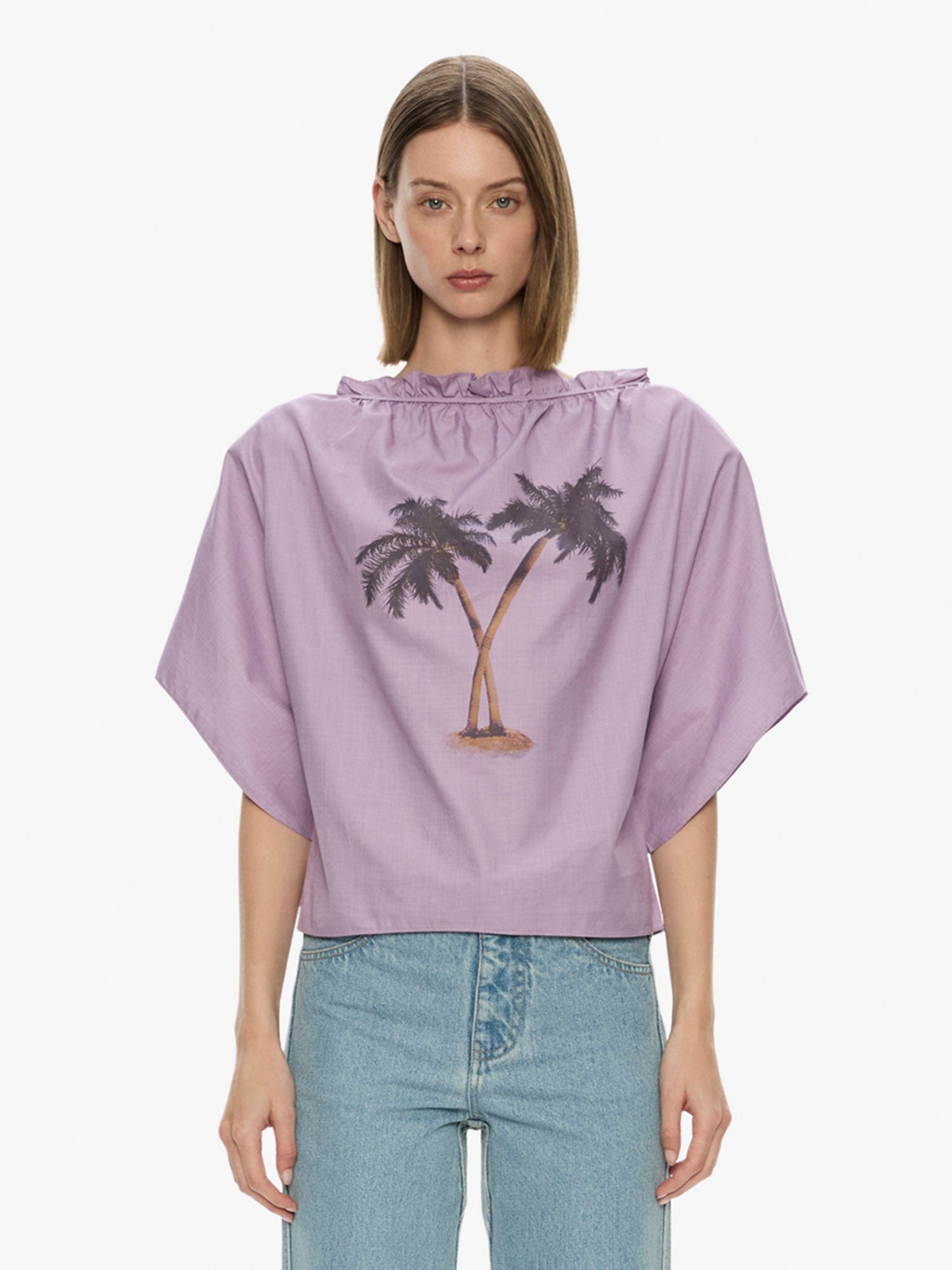 Image of a model wearing Tops. Productname: Mirage Palm Poplin Top in Lilac colour by brand - CHRISTOPHER ESBER