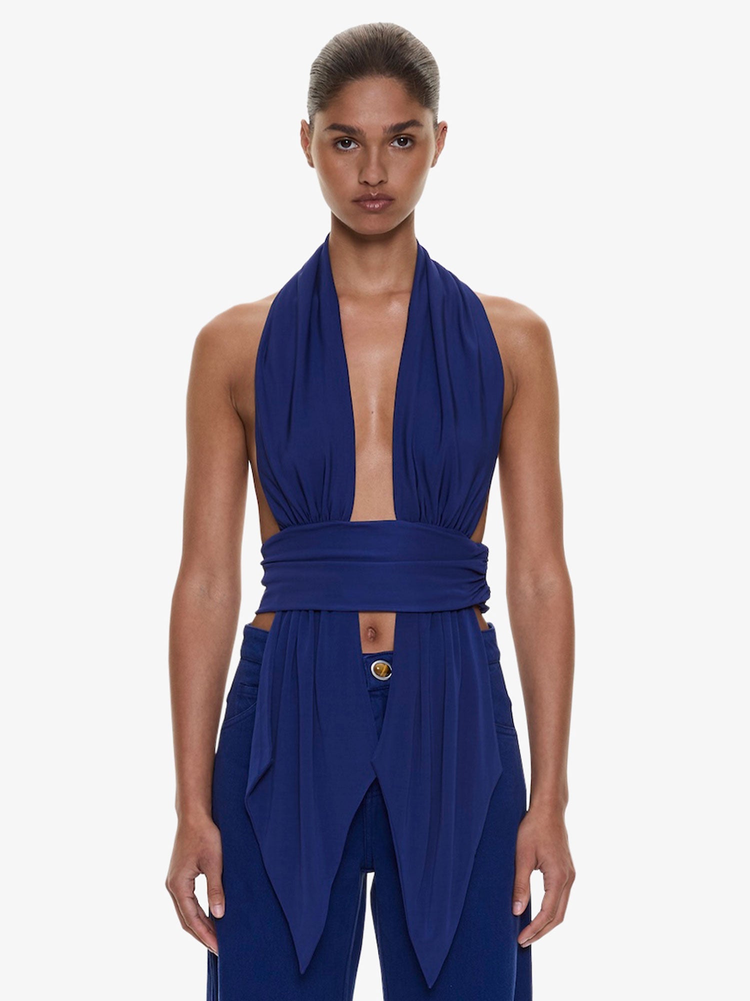 Image of Clothing Tops. Product name - Scarf Draped Halter Top in Ink colour by brand - CHRISTOPHER ESBER