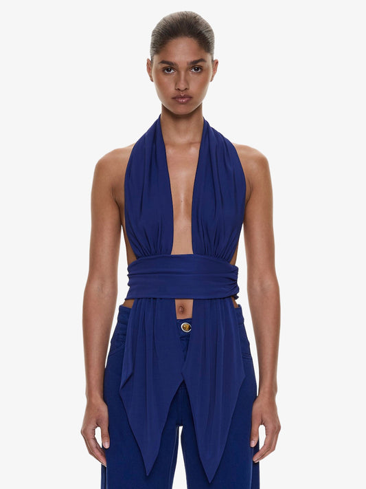 Image of Clothing Tops. Product name - Scarf Draped Halter Top in Ink colour by brand - CHRISTOPHER ESBER