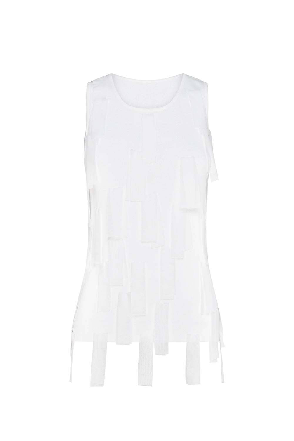 Image of a model wearing Tops. Productname: Fringe Accents Top in White colour by brand - Manning Cartell