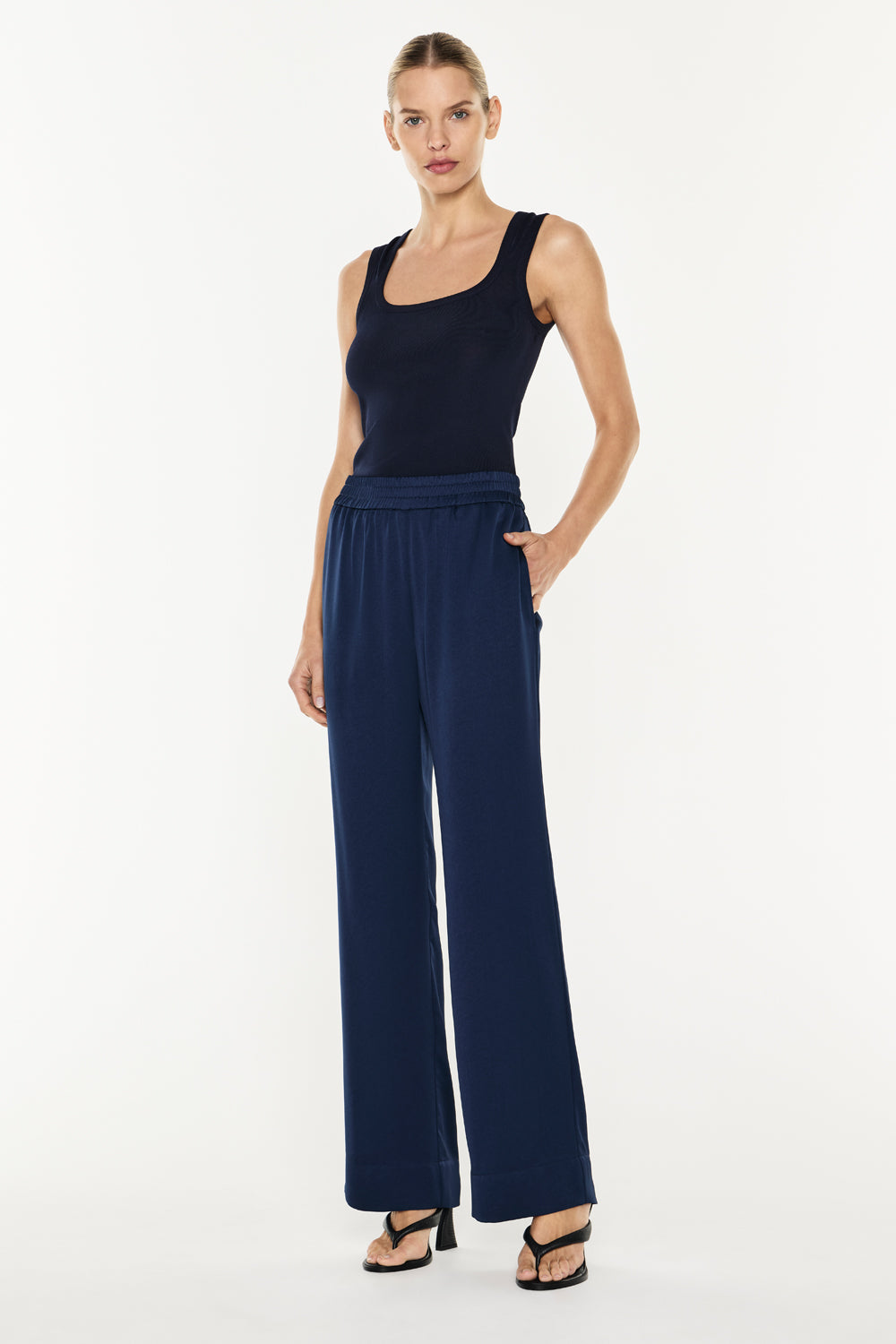 Image of a model wearing Pants. Productname: Twilights Kiss Pull On Pant in Midnight Navy colour by brand - Manning Cartell