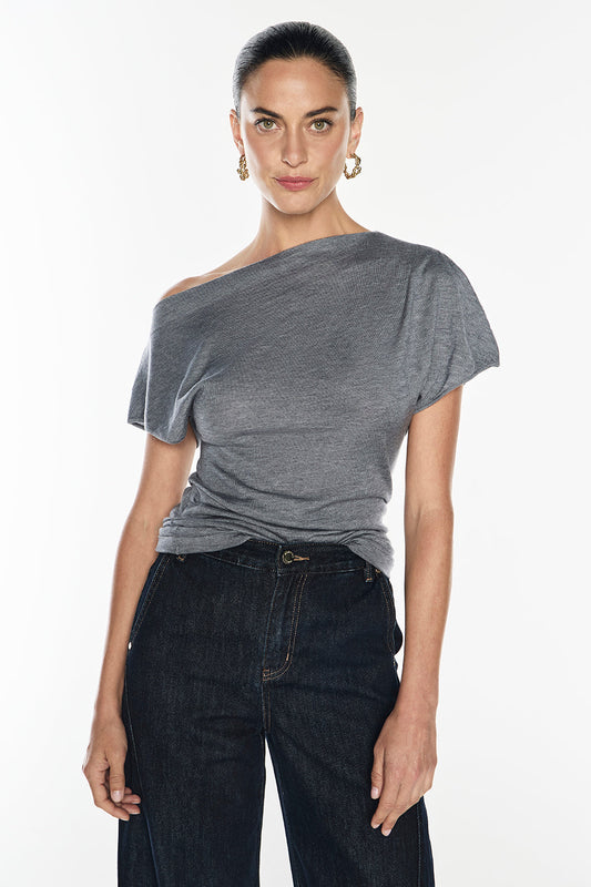 Image of a model wearing Tops. Productname: Melody Drape Knit in Graphite colour by brand - Manning Cartell