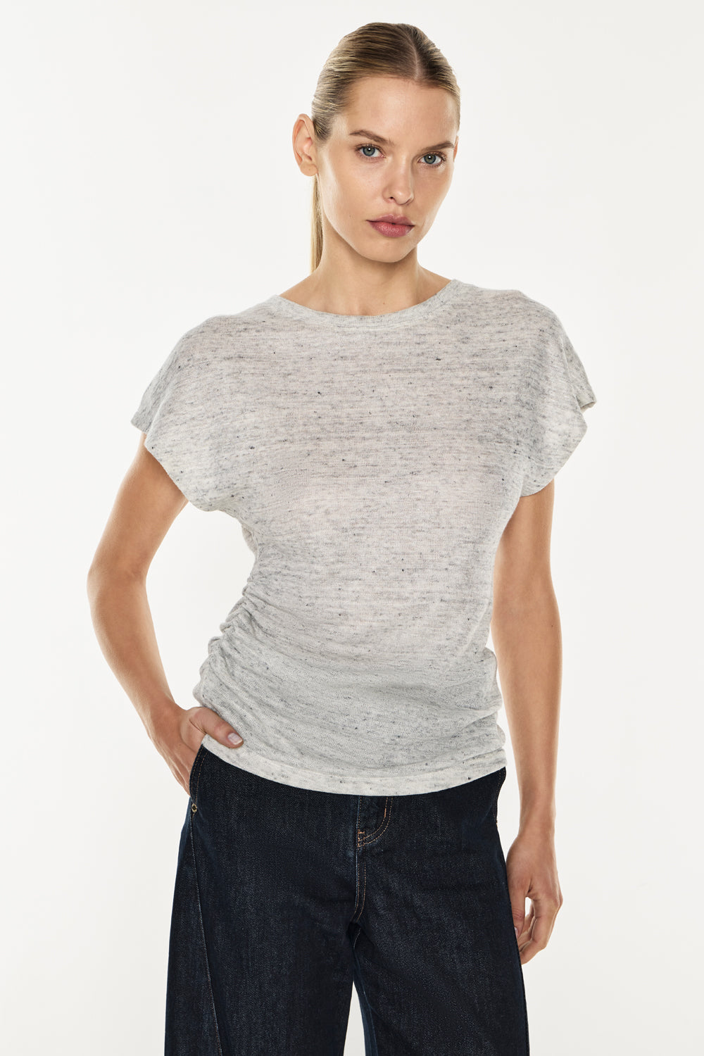 Image of a model wearing Tops. Productname: Cloudy Melange Top in Grey Melange colour by brand - Manning Cartell