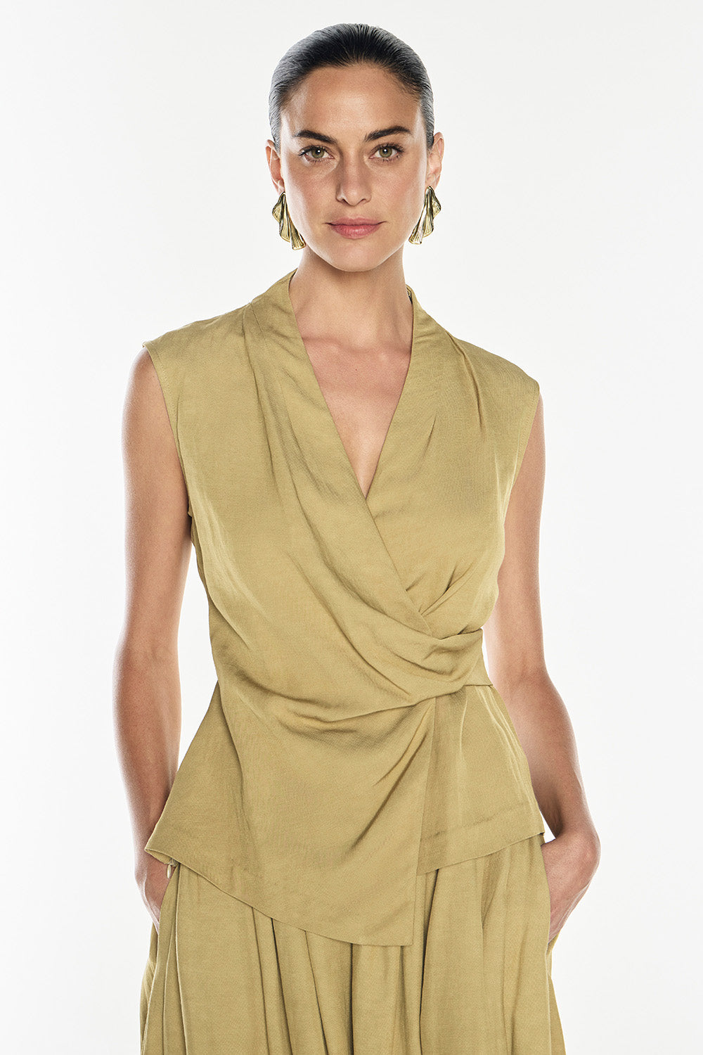 Image of Scarves & Shawls. Productname: Final Note Wrap Top in Khaki Gold colour by brand - Manning Cartell