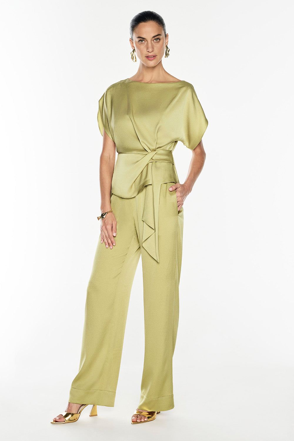 Glossed Over Drape Top (Khaki Gold)