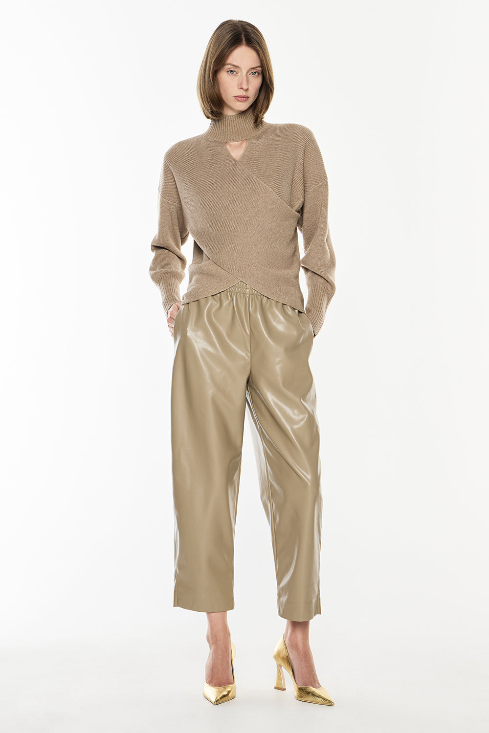 Image of a model wearing Pants. Productname: Major Players Pull On Pant in Taupe colour by brand - Manning Cartell