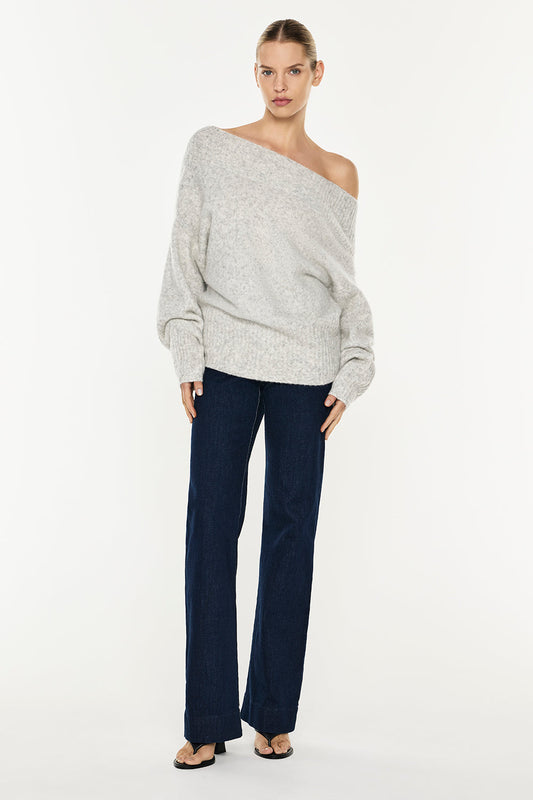 Image of a model wearing Tops. Productname: Frame Of Mind Knit Top in White/Grey Melange colour by brand - Manning Cartell