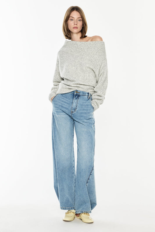 Image of a model wearing Tops. Productname: Frame Of Mind Knit Top in White/Grey Melange colour by brand - Manning Cartell