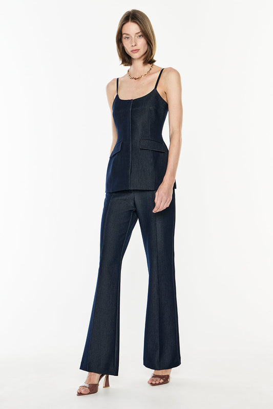 Image of a model wearing Pants. Productname: Dark Poetry Pant in Indigo colour by brand - Manning Cartell