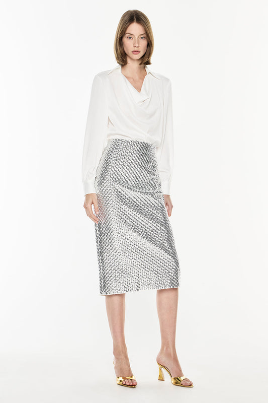 Image of a model wearing Skirts. Productname: Opulent Scale Skirt in Silver colour by brand - Manning Cartell